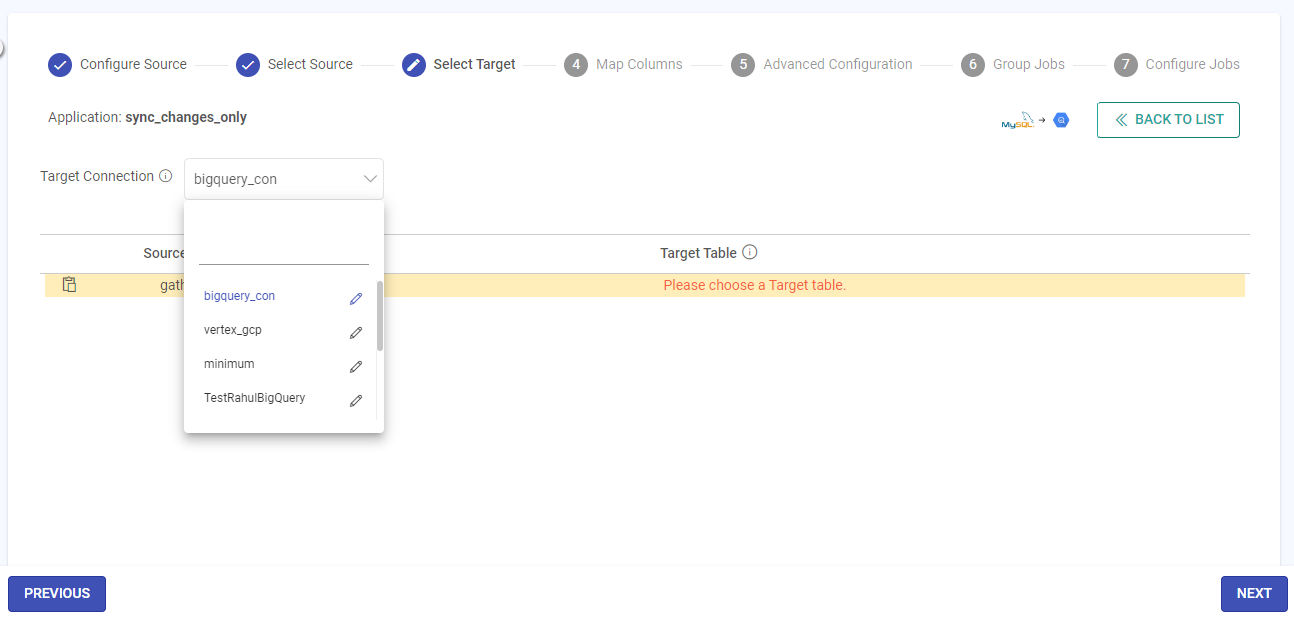 MySQL-BigQuery Select Target Connection