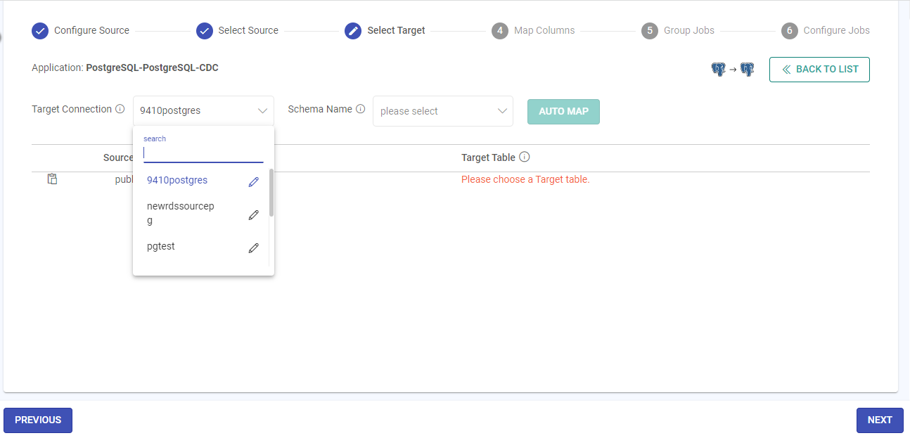 PostgreSQL-PostgreSQL Select Target Connection